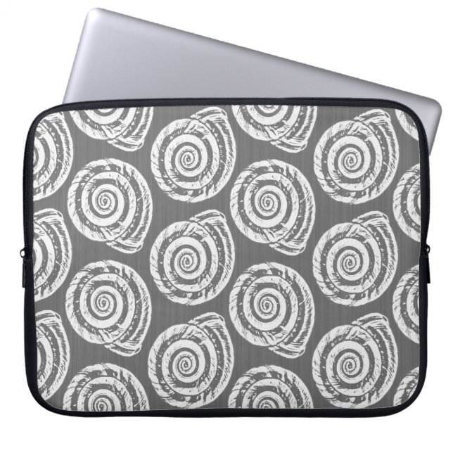 Spiral Seashell Block Print, Grey / Grey and White Laptop Sleeve (Front)