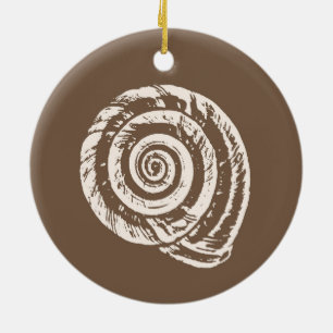 Spiral Seashell Block Print, Taupe Tan and Cream  Ceramic Ornament