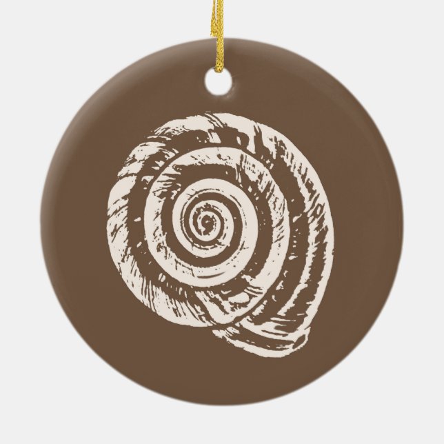 Spiral Seashell Block Print, Taupe Tan and Cream  Ceramic Ornament (Back)