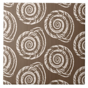 Spiral Seashell Block Print,Taupe Tan and Cream Ceramic Tile