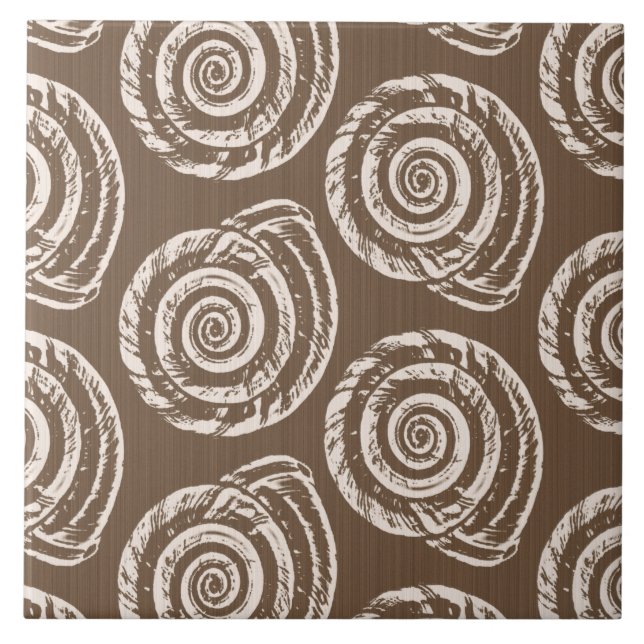 Spiral Seashell Block Print,Taupe Tan and Cream Ceramic Tile (Front)