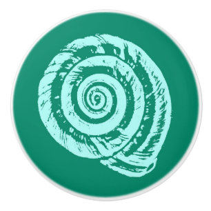 Spiral Seashell Block Print, Turquoise and Aqua Ceramic Knob