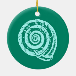 Spiral Seashell Block Print, Turquoise and Aqua Ceramic Ornament