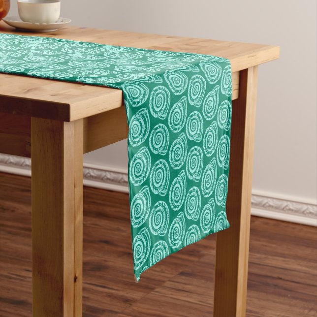 Spiral Seashell Block Print, Turquoise and Aqua Short Table Runner (In Situ)