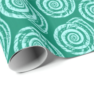Spiral Seashell Block Print, Turquoise and Aqua Wrapping Paper