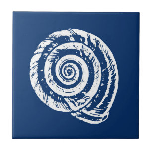 Spiral Seashell, Cobalt Blue and White  Ceramic Tile