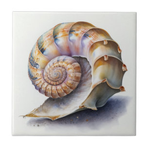 Spiral Seashell in Pastel Watercolor Ceramic Tile