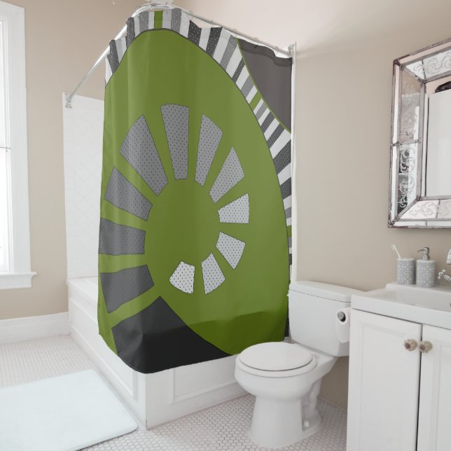 Spiral shape, abstract, polka dots, greys, green shower curtain (In Situ)