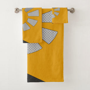 Spiral shape, abstract, polka dots, greys, yellow bath towel set