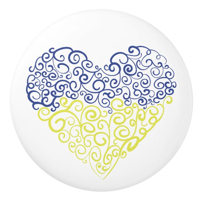 Spiral swirls mehandi heart Ukrainian flag colours Ceramic Knob (Front)