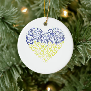 Spiral swirls mehandi heart Ukrainian flag colours Ceramic Ornament