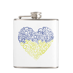Spiral swirls mehandi heart Ukrainian flag colours Hip Flask