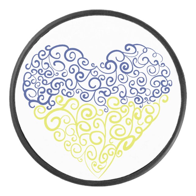 Spiral swirls mehandi heart Ukrainian flag colours Hockey Puck (Front)