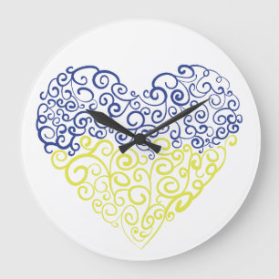 Spiral swirls mehandi heart Ukrainian flag colours Large Clock