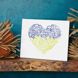 Spiral swirls mehandi heart Ukrainian flag colours Plaque