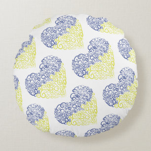 Spiral swirls mehandi heart Ukrainian flag colours Round Cushion