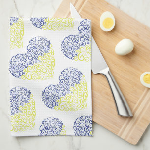 Spiral swirls mehandi heart Ukrainian flag colours Tea Towel