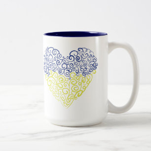 Spiral swirls mehandi heart Ukrainian flag colours Two-Tone Coffee Mug