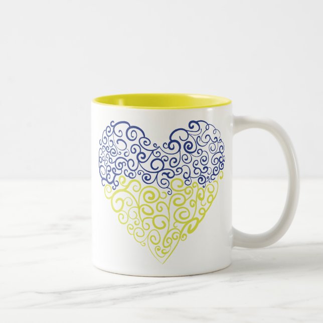 Spiral swirls mehandi heart Ukrainian flag colours Two-Tone Coffee Mug (Right)