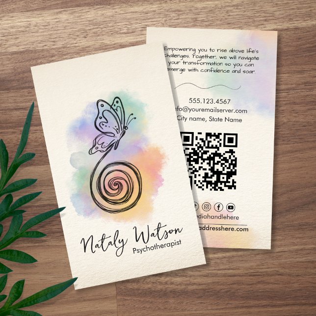 Spiral to Butterfly Pen Watercolor Life Coach Business Card (Creator Uploaded)