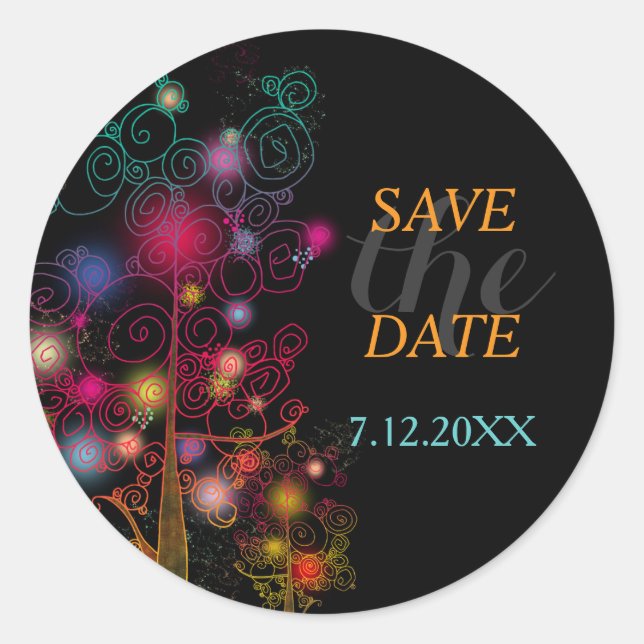Spiral Trees Wedding Save the Date Classic Round Sticker (Front)