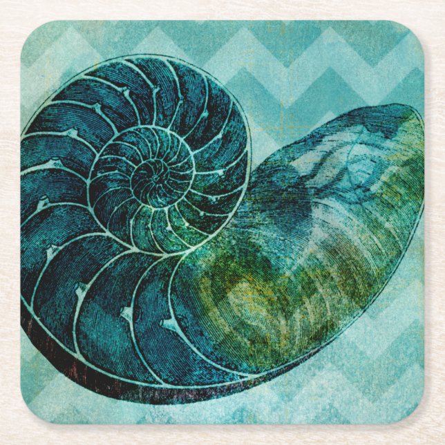 Spiral Turquoise Conch Shell Square Paper Coaster (Front)