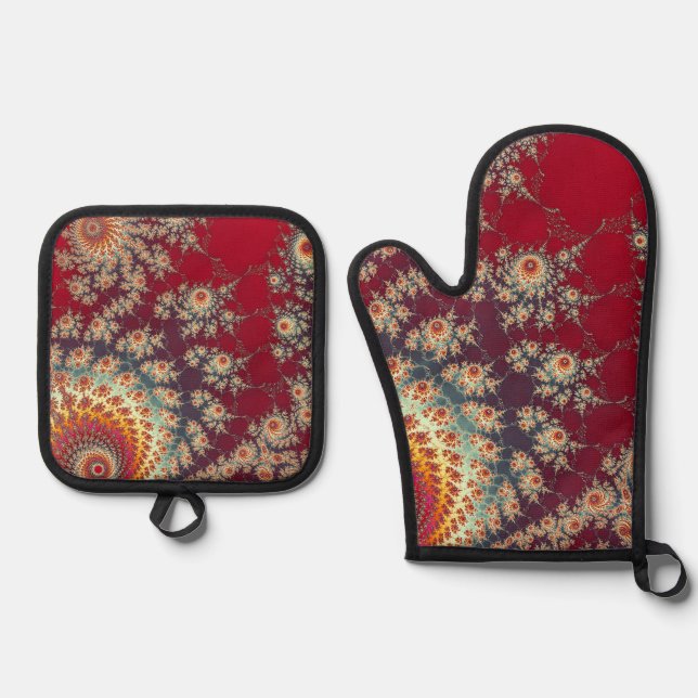 Spiralling Floral Pattern Oven Mitt & Pot Holder Set (Front)