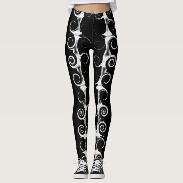 Spirals and Swirls Black and White Pattern Leggings (Front)