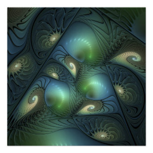 Spirals Beige Green Turquoise Abstract Fractal Art Poster