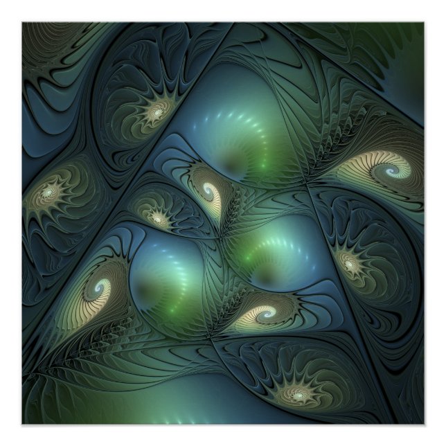 Spirals Beige Green Turquoise Abstract Fractal Art Poster (Front)
