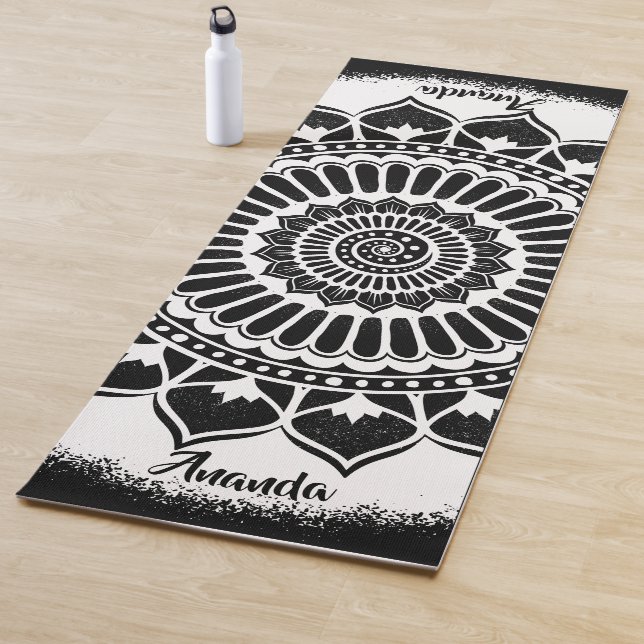 Spirals Dots Flowers White on Black Henna Mandala Yoga Mat (In Situ)