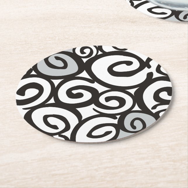 Spirals Pattern Black & White + your ideas Round Paper Coaster (Angled)
