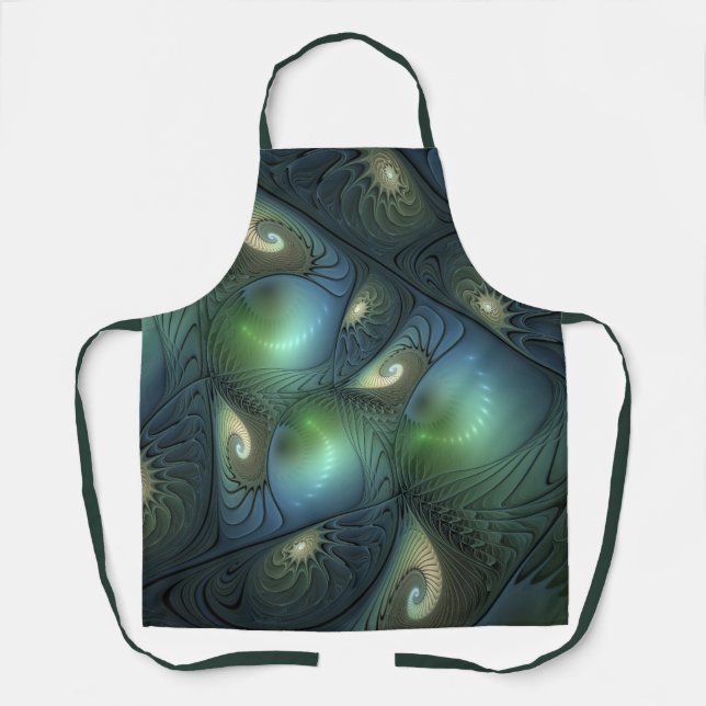 Spirals Teal Beige Green Abstract Fractal Art Apron (Front)