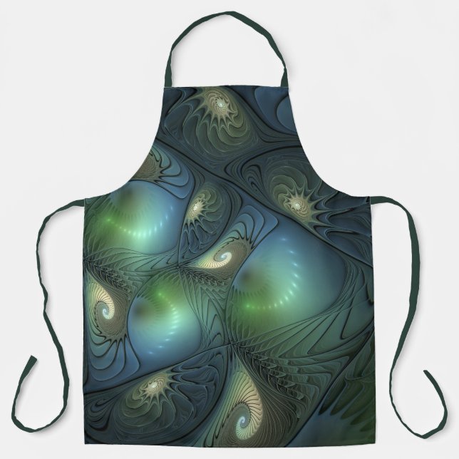 Spirals Teal Beige Green Abstract Fractal Art Apron (Front)