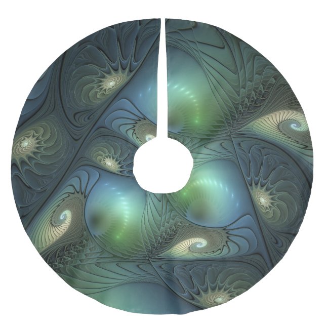 Spirals Teal Beige Green Abstract Fractal Art Brushed Polyester Tree Skirt (Front)
