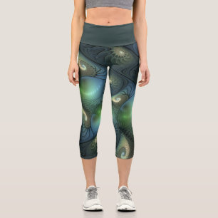 Spirals Teal Beige Green Abstract Fractal Art Capri Leggings
