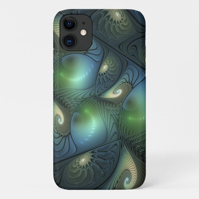 Spirals Teal Beige Green Abstract Fractal Art Case-Mate iPhone Case (Back)