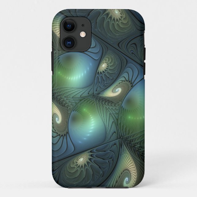 Spirals Teal Beige Green Abstract Fractal Art Case-Mate iPhone Case (Back)