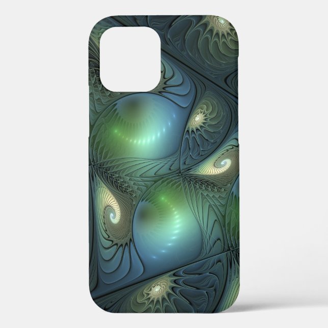 Spirals Teal Beige Green Abstract Fractal Art Case-Mate iPhone Case (Back)