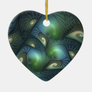 Spirals Teal Beige Green Abstract Fractal Art Ceramic Ornament