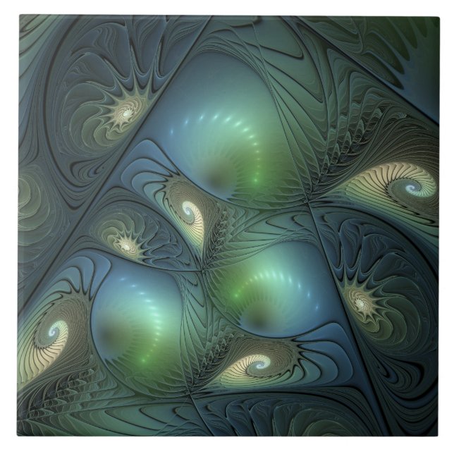 Spirals Teal Beige Green Abstract Fractal Art Ceramic Tile (Front)