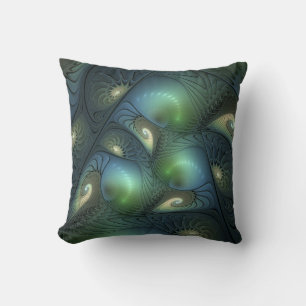 Spirals Teal Beige Green Abstract Fractal Art Cushion