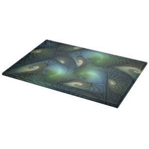 Spirals Teal Beige Green Abstract Fractal Art Cutting Board