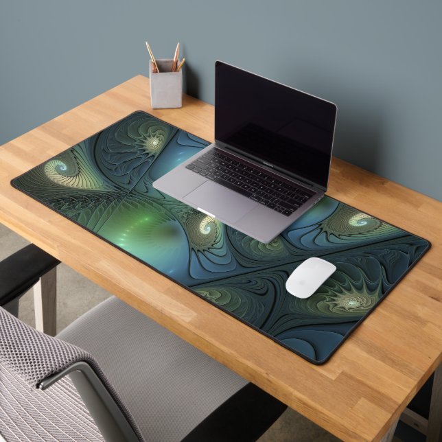 Spirals Teal Beige Green Abstract Fractal Art Desk Mat (Office 2)