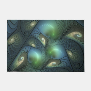 Spirals Teal Beige Green Abstract Fractal Art Doormat