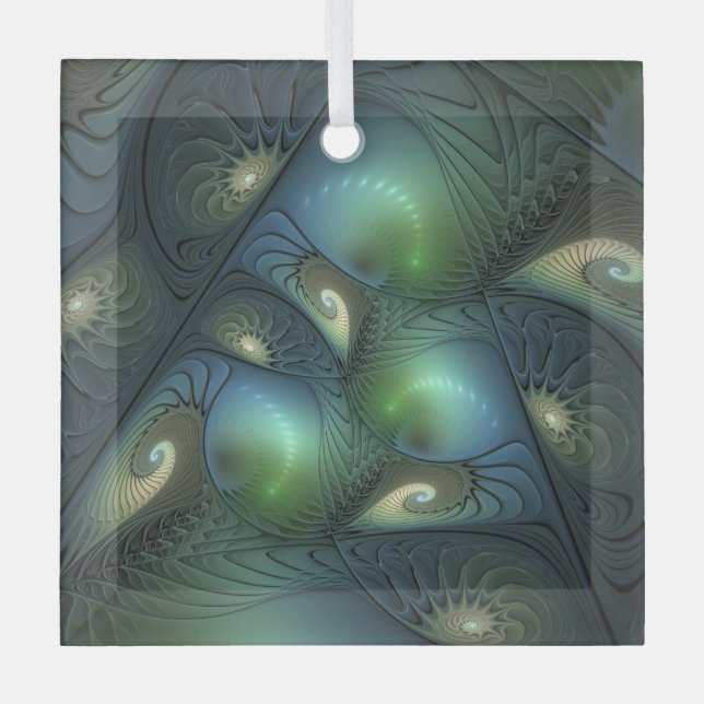 Spirals Teal Beige Green Abstract Fractal Art Glass Tree Decoration (Front)