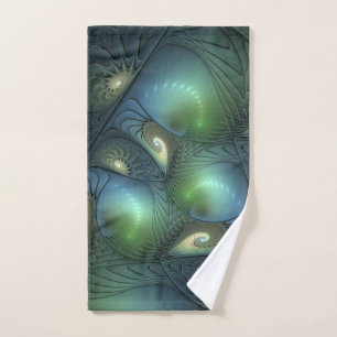 Spirals Teal Beige Green Abstract Fractal Art Hand Towel