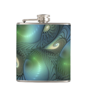 Spirals Teal Beige Green Abstract Fractal Art Hip Flask