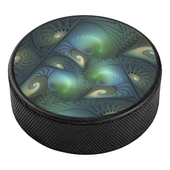 Spirals Teal Beige Green Abstract Fractal Art Hockey Puck (3/4)