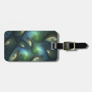 Spirals Teal Beige Green Abstract Fractal Art Luggage Tag